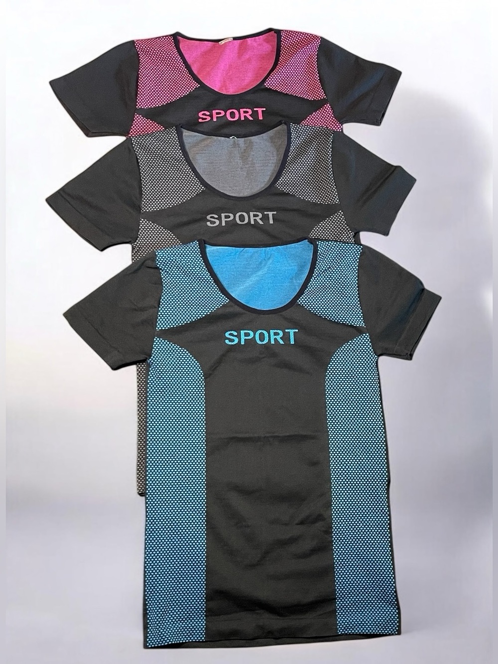 Set of 3 SPORT Graphic Active Tee - Black with Pink, Gray, and Blue Accents